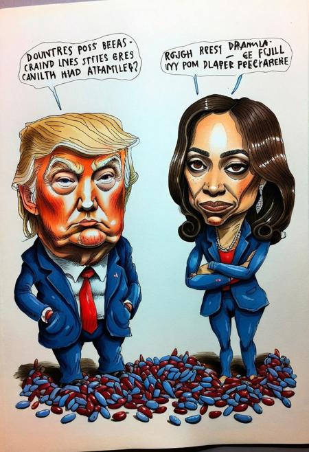 (hand drawn:1.5) (rough:1.5) ink and color (sketch:1.5) of Donald Trump and Kamala Harris counting and dividing red and blue beans, caricature in cuneo style, (full character:1.4),   (irregular lines:1.5), candid pose, extremely detailed, (surreal:1.5), paper texture background
