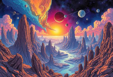 In the unpublished and breathtaking image (far beyond the unseeable) by Moebius, the essence of the Master's artistry shines through with remarkable clarity.  As your eyes wander across the canvas, you'll encounter a harmonious fusion of elements that defy convention and ignite the imagination. It is a visual symphony that stands as a testament to Moebius's boundless creativity. Vibrant and sublime colors dominate the image, bursting forth with a luminosity that captivates the viewer.