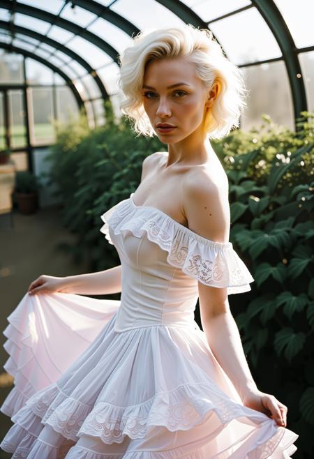 analogue photo of a beautiful 25 years (((albino woman:1.5))) with white hair (((pale skin:1.5))), ,wearing The Flirty Can-Can: A frilled and ruffled off-the-shoulder dress with a cinched waist and layers of colorful petticoats, finished with lace-up boots, ,,high quality, film grain, Fujifilm XT3, 8k uhd, dslr, film grain, kodak tri-x 400 film, grain photo DOF, faint lighting, dynamic angle, cinematic, Depth of field, bokeh, best quality, cinematic, light particles, highly_detailed, very_aesthetic, golden hour, beautiful_and_aesthetic ,Sexy pose, erotic pose, exhibitionism ,Victorian greenhouse