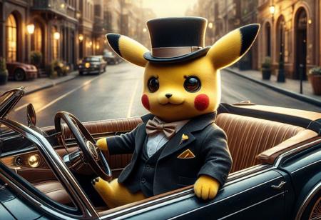 digital painting of a modern edge cute pikachu in suit and bowtie, top hat and cutting edge sunglasses,  entirely made of retro sophistication texture, driving a convertible car, whimsical and magical atmosphere, soft lighting, highly detailed and stylized, concept art for a vintage charm-themed universe