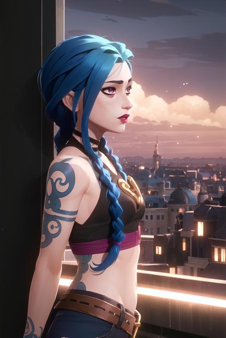 arcane style, 1girl, arm tattoo, asymmetrical bangs, bangs, blue hair, braid, brown shirt, cloud tattoo, from side, night, city, green hair, long hair, midriff, pink eyes, red lips, shirt, solo, standing, tattoo, twin braids, upper body, arcane jinx, jinx \(league of legends\)

<lora:arcane_offset:1>