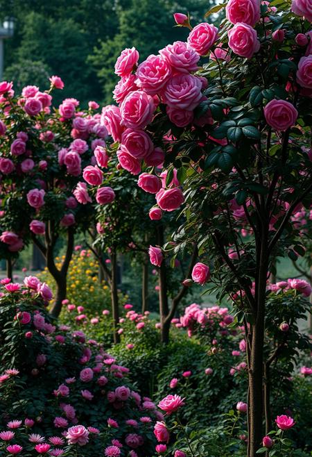 Dark pink rose trees in a lush garden, high-quality sharp images, hyper-realistic, cinematic lighting, vivid colors, detailed textures, blooming flowers, masterpiece digital painting by Anna Dittmann and Maxfield Parrish, 8k resolution, highly detailed.