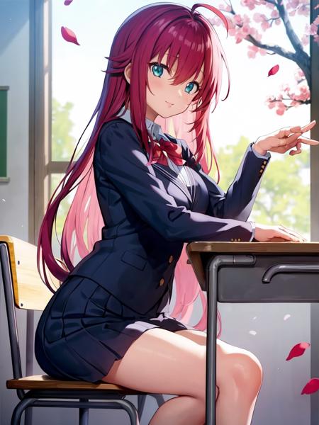 (masterpiece:1.3), (perfect quality:1.3), <lora:RiasGremory_v1.4-000004:1>, Rias Gremory, classroom, school outfit, sitting, chair, table, window, tree, petals