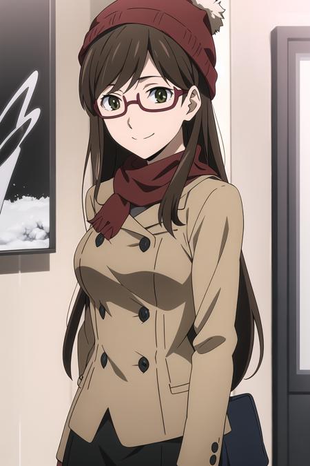 masterpiece, key visual, 1girl, kirako_haruno, glasses, olive green eyes, long hair, medium breasts, winter jacket, black glove, winter muffler, beanie, winter background, smile