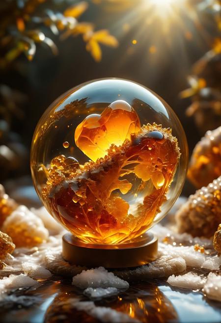 improved cinematic photo, 35mm photograph, film, professional, 4k, highly detailed,
An amber fragment enclosing a snow globe,
The amber fragment is a smooth, slightly irregular sphere, roughly the size of a marble, with a warm golden-brown hue. Its surface is polished, gleaming softly under light, revealing a mesmerizing play of golden, honey, and orange tones. Tiny air bubbles and organic inclusions are scattered throughout, lending it a sense of antiquity and natural complexity.
Inside, a perfectly preserved Human Heart lies suspended in time, its delicate body encased in the translucent amber.
Around the Human Heart, subtle striations and minute organic fragments, possibly plant material or dust, create a vignette that frames the insect. The amber’s clarity varies in places, with some sections slightly cloudy, further accentuating the Human Heart as the focal point. The fragment feels timeless, a tiny time capsule offering a glimpse into a prehistoric world millions of years ago