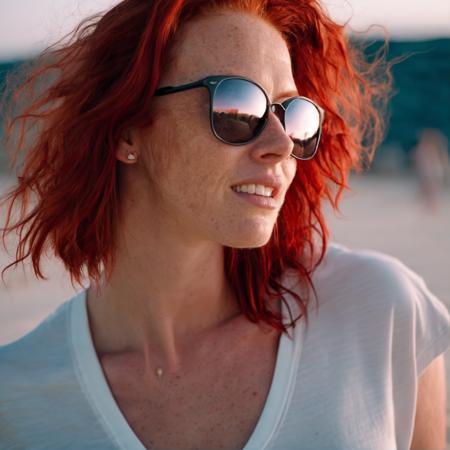 closeup photo with beautiful lighting of a young woman with red hair and (freckles:0.7) wearing a tshirt and sunglasses at a beach