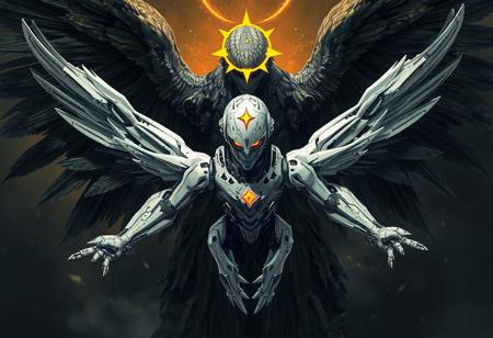 expert Isometric view, Machine Angel Ascension, predominantly white intricate plating, yellow star optic on head, arms and legs spread in symmetrical star formation, head slightly tilted, centered, against a dynamic, looming Harvest Angel of Doom backdrop, focusing attention, Golden Ratio composition, Captivating lighting, Splash Ink illustration, digital matte painting, Sharp lines, Contemporary aesthetics, Raphael influence, Octane Render, Unreal Engine 5, High-res, 4K, Exceptional Quality, Super Detailed, CGSociety, trending on Artstation.