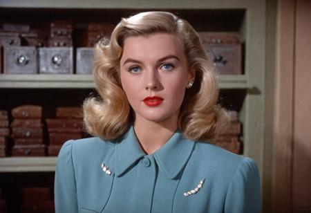 1940s vintage retro, Helen Ventrix DCU, blonde hair, blue-eyed, perfect photo, highly detailed, best quality, fine details, coherent face, full body shot, standing, technicolor film still screencap, kodachrome photograph