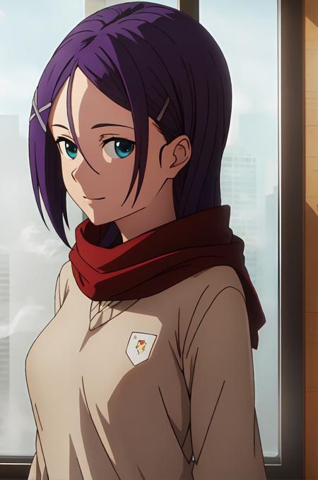 (masterpiece, best quality:1.2), (4k, detailed), upper body, from back, from above, (window fog, grey heart drawn on glass), 1girl, solo, smile, winter, looking at viewer, purple hair, very long hair, red muffler, red scarf,
 blue green eyes, on bed,  purple_hair, school_uniform,, hair_ornament, hairclip, medium breast,
 <lora:misumi8-000009:0.7>