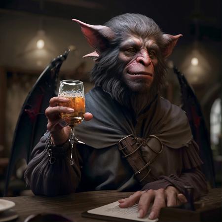 highly detailed  photo of a (hadozee:1.15) standing in a medieval tavern,

((bat wings)), holding, drinking glass, happy, blue eyes,

looking at viewer, 

realistic:1.3, depth of field, blurry, blurry background,

photorealistic,
ultra photoreal,
32k, fantasy, 
light and dark:1.2,
shadow play:1.2,







