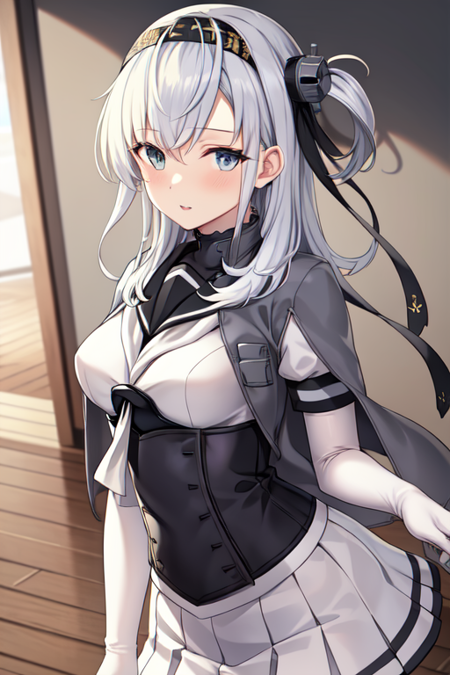 suzutsukiKC, 1girl, solo, long hair, skirt, elbow gloves, serafuku, sailor collar,black headband, one side up, short sleeves,grey jacket,corset,white bodysuit,