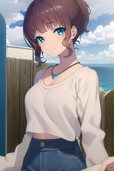 akari sakishima, short hair, blue eyes, brown hair, ponytail, jewelry, pants, necklace, denim, collarbone, long sleeves,