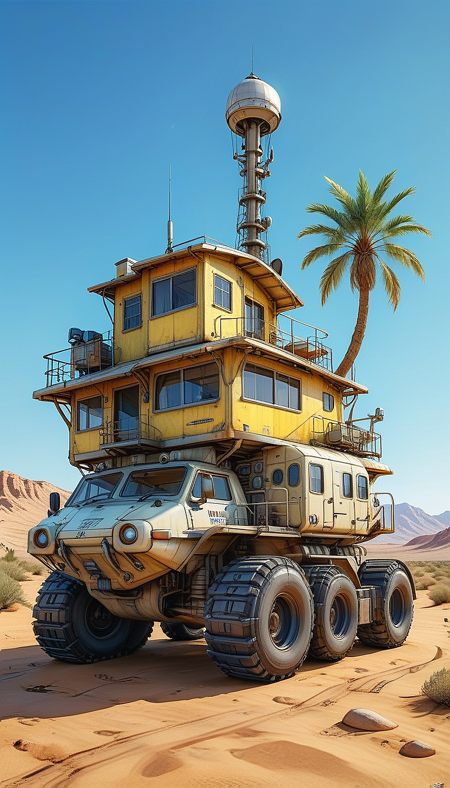 (cel-shading:2)+, (in ARTIST style:1.6), (masterpiece:1.7),  glow blue neon, hyperrealism, glossy, shinny, clear image, accurate picture, clear picture, precise image, focused image, Science fiction style, Science fiction, (cozy comfy, no humans, tree, palm tree, ground vehicle, desert, vehicle focus, sand, motor vehicle, outdoors, science fiction, sky, radio antenna, building, wheeled vehicle, Tracked Vehicle, Traction City, pale yellow paint, house)
comic style, (ultra sharp focus:2), (thin lines:2), (best quality:1.8),
(masterpiece:1.8), (highest detailed:1.8), perfectly lighted, (contrast), (saturated), (((sharp focus))),
(hyperdetailed:1.3), (intricate details:1.2), (Refined details:1.3), (best quality:1.5), highly detailed textures, vibrant colors,
(ultra sharp focus:1.8), (detailed texture:1.8), (detailed edges:1.8), (thin lines:1.8), (best quality:1.8),
<lora:Apparatus_-_Traction_City_Walkers_Vehicles:0.8>,