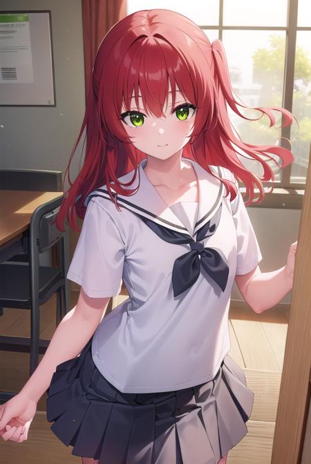 kitaikuyo, <lyco:ikuyokita-lyco-nochekaiser:1>, 
ikuyo kita, (green eyes:1.5), hair between eyes, long hair, one side up, red hair, (flat chest:1.2), smile,
BREAK black footwear, black skirt, grey sailor collar, pleated skirt, sailor collar, school uniform, shoes, short sleeves, shuka high school uniform, skirt,
BREAK indoors, classroom,
BREAK looking at viewer, (cowboy shot:1.5),
BREAK <lyco:GoodHands-beta2:1>, (masterpiece:1.2), best quality, high resolution, unity 8k wallpaper, (illustration:0.8), (beautiful detailed eyes:1.6), extremely detailed face, perfect lighting, extremely detailed CG, (perfect hands, perfect anatomy),