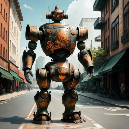 a (bronzecd) armored robot,, standing on street, (solo:1.2), <lora:bronzecd-000009:0.8>, no humans, high quality, masterpiece, realistic, photorealistic, (outdoors, cityscape)