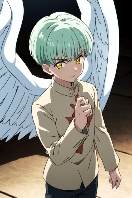 sariel_nanatsu_no_taizai yellow eyes aqua hair angel wings