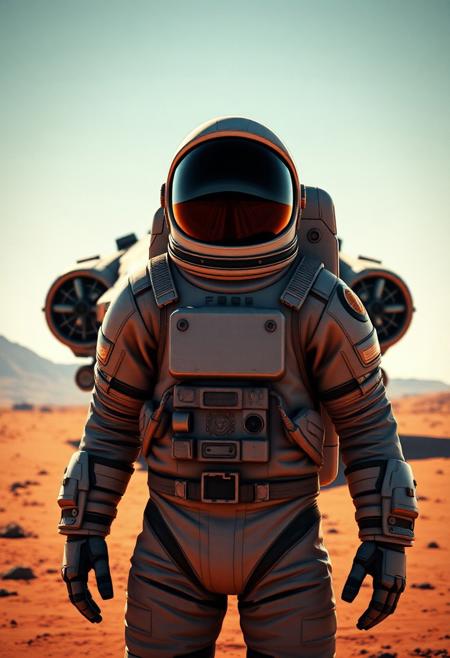 A full suit astronaut (visor is fully reflective and cannot be seen through) standing in front spaceship that recently landed on new planet, he is looking over the horizonbut angled away. Set in the art style of the video game no man's sky. Have the camera further back about 50 yards out. And have the spaceship similar style to an x-wing from star wars, more horizontal. Have the spaceship fully visible behind astronaut.