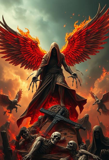 God send death, watch it bleed, justified
Manufactured lives born in hell
Angels fall, wings on fire, crucified
Terrorizing man, burn the world
Reflecting eyes, sickle swings, wave of blood
Suicidal mind from the start
Endless pain, open wounds, slit the throat
Radiation child seeks the throne
Strafing down demigods certain death
Coming from the stars, lord of all
Dark rift rise, flourish life, perish man
We destroy ourselves, cease to live
Children's blood feed the dead sea of flesh
Catastrophic fall rest in hell
Flaming corpse, screaming eyes, watch it die
Walk among the dead, pick your grave