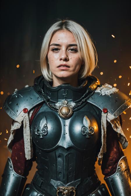 (masterpiece, best quality:1.1), photograph, Porta 160 color, shot on ARRI ALEXA 65, bokeh, depth of field, shot by Don McCullin, (blemishes, skin pores, textured skin:1.1), sharp focus, vibrant colors, PA7_Photo, PA7_Human-Likeness, volumetric lighting, <lora:detail_slider_v4:1>, <lora:FujiVelvia50:0.5>, <lora:GoodHands-beta2:0.8>,
solo, 1 girl, adult  woman, beautiful, hazel eyes, (white hair:1.25), lob hair hair,  furious anger, (bloody battle scars, scarred, scathed:1.15), <lora:edgWar40KAdeptaSororitas:0.85>, edgAdepta, wearing edgAdepta, power armor, shoulder armor, skull emblem, dented armor, battle-worn, grimy, dirty, 
(epic, cinematic:1.1), grim dark, battlefield in background,  blasts, , flares, ,   particle effects,  darkness,    <lora:epi_noiseoffset2:0.6>,