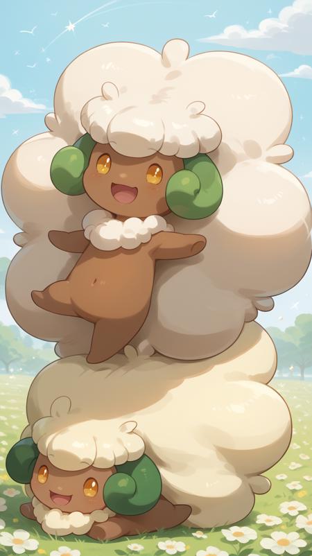 Whimsicott, pokemon, creature, girl, 1girl, lots of hair, excessive hair, white hair, tanned, ram horns, green horns, 