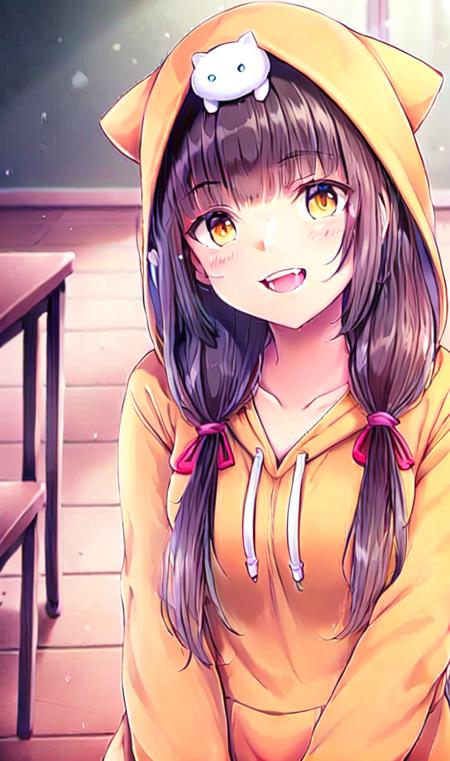 ((masterpiece)),(((best quality))), ((ultra-detailed)), ((illustration)), masterpiece, best quality, highres, {beautiful detailed eyes}, finely detail,  beautiful detailed eyes, (classroom),Smile
1girl, (solo:1.5), (hair ribbon:0.4), ((pink hoodie)), cat ears,cat on head, cat hood, cat girl,sit on the chair