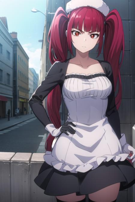 riruka dokugamine, long hair, twintails, (red eyes:1.5), purple hair, bangs, blunt bangs, thighhighs, hat, maid, long sleeves, gloves, dress, black dress, skirt, black skirt, collarbone,