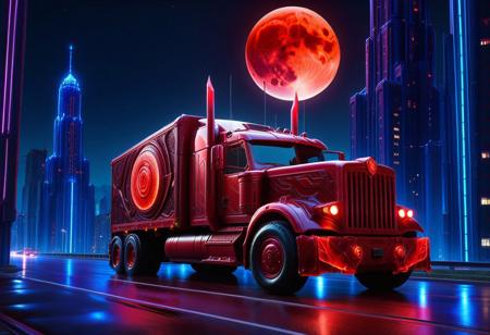 vibrant colors, shiny_skin, prefect lighting, detailed image, snoozing, masterpiece, best quality, highly detailed, ultra quality, 3DMM, 
<lora:Blood for the Blood God:1>,Blood for the Blood God,blood, made from blood, 
(truck), 
On the road, outdoors, neon lights, glowing, city, skyscraper, building, sciencefiction, electricity, night, red moon, moonlight,
