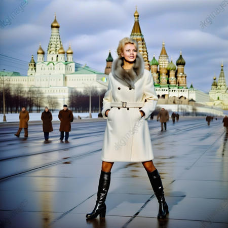 <lora:DDR_Fashion:1> Beautiful blonde woman dressing in heavy coat and high boots, walking near the Kremlin in Moscow, USSR.