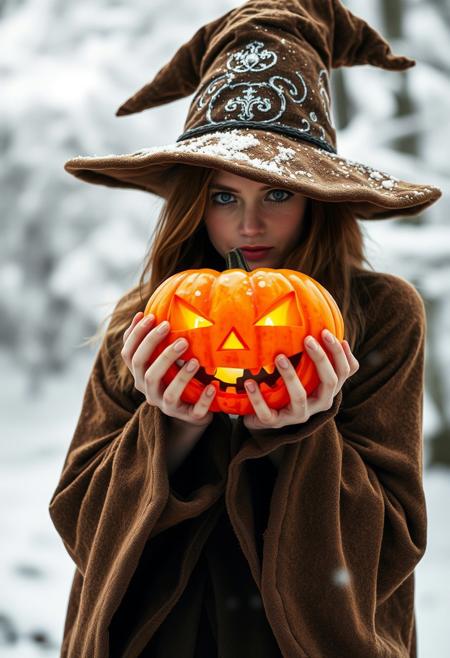 Against a blurred snow background, a female hobbit in a wizard's hat and brown wizard's robe. Holding a jack-o '-lantern in both hands, close to his face, the jack-o' -lantern radiated evil fire,