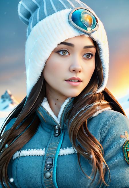 masterpiece, highest quality, 4k, (acclaimed:1.2) realistic photo of (JessChobot) dressed in warm arctic clothing, on an expedition in the north pole, ((beautiful eyes)), (detailed facial features), winter clothing, winter boots, winter pants, snow and ice, glaciers, frozen water, (wearing a winter beanie on her head), beautiful hair, beautiful lighting, cold colors, highly detailed