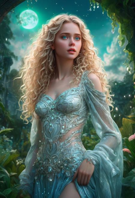 A fascinating high-quality illustration of a female character dressed in intricate Crystal de Perla clothing, with long blond curly hair and fascinating light blue eyes. The character stands in a vivid fantasy environment surrounded by enchanting elements. The background consists of a mix of lush green, ethereal skies. The composition has a painterly quality, with rich colors and textures, evoking a cinematic feel reminiscent of a painting. The 3D rendering technique adds depth and dimension, enhancing the overall cinematic effect. The illuminated creatures and dark fantasy elements create an immersive atmosphere, perfect for a poster or photo print., photo, illustration, cinematic, poster, painting, dark fantasy, nature photography, 3d render