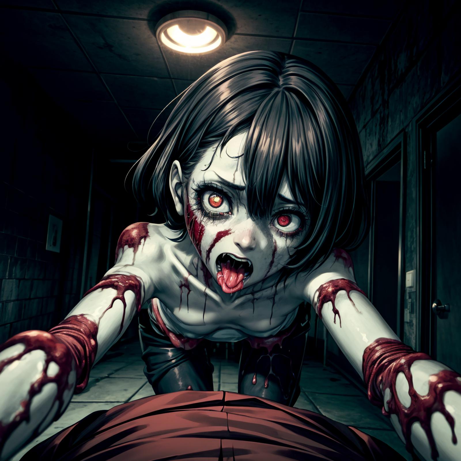 A creepy animated image of a girl with blood dripping from her hands and mouth, standing above a person with blood on their body.