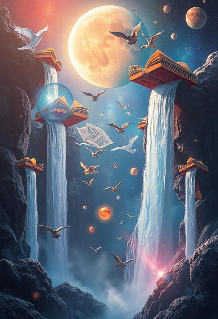 A surreal image of waterfalls cascading from floating books in space, with pages turning into flocks of birds. Fantasy creatures soar around, weaving between the waterfalls and glowing planets. The scene is bathed in ethereal light, with vibrant colors and an otherworldly atmosphere.