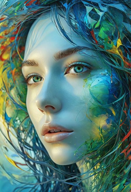 A digital art piece showcases a mysterious, pulsating sphere with a detailed, close-up depiction of an abstract female face. The face features a gentle, ethereal color scheme consisting of blue, green, yellow, and red hues. The backdrop is peaceful and subdued. The artwork incorporates an optical illusion that alters the viewer's perspective.