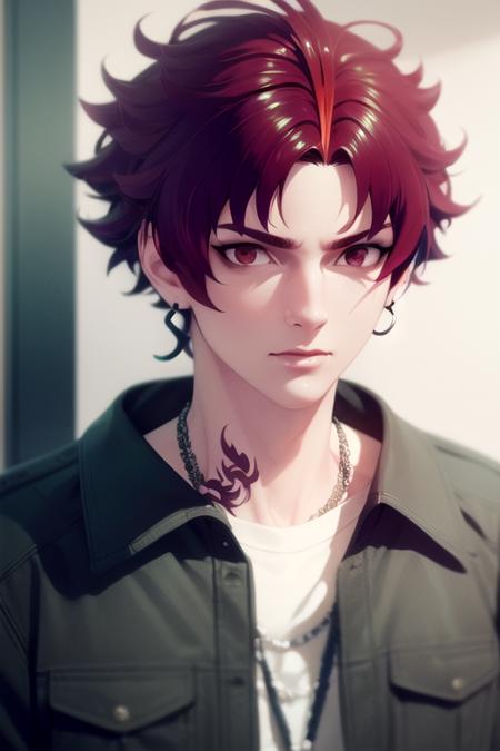 allen_sugasano, red hair, red eyes, short hair, tattoo