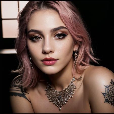 (a cute girl, 22 years old, pale skin ,  pink hair ,skinny:1.1),(big boobs , small nipples, Colombian hipster girl, edgy vibe, dark, mascara, eyeliner, dark cheeks, expressive lips, Unique facial piercings, alluring necklace, stylish sexy streetwear, alluring thighs, aesthetic tattoos on her body, almond shaped eyes, Dimples, strong eyeliner eyes ,Defined jawline, skin pores )