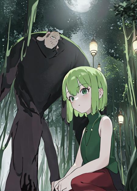 (1girl), green_hair, red_shirt, upper_half, in a forest, moon, night, dim lighting, ((dark)), sitting, male_focus, ((best quality, absurdres, highres, masterpiece)), blurry_background, depth of field,  dappled_moonlight, melancholic,  light_rays, blurry_background, depth of field, <lora:kaibanime-000008:0.7>  <lora:darknoiseOffset:0.85>