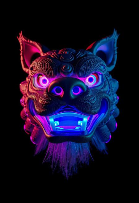 masterpiece, best quality, amazing quality, very aesthetic, high resolution, ultra-detailed, absurdres, newest,  photorealistic details, volumetric lighting, foo dog with a spherical head and no body, close up of head, glowing teeth and eyes, blue and pink, plain black background