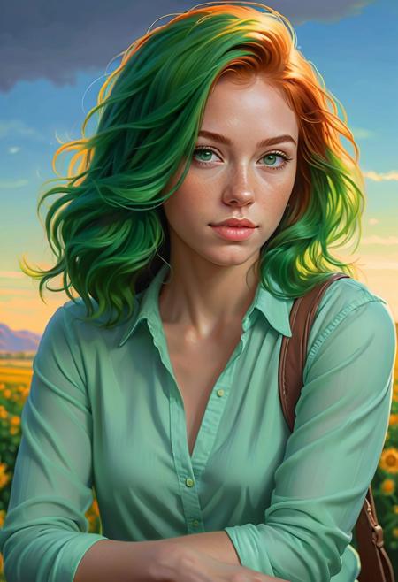 by Mitch Dobrowner and Paul Gustav Fischer and Caesar Andrade Faini in the style of Alena Aenami and Chagall,  oil painting <lora:oil_painting_envy_anime:0.60> ,   cute 28 year old woman, clothed, muscular  ginger hair, green hair,