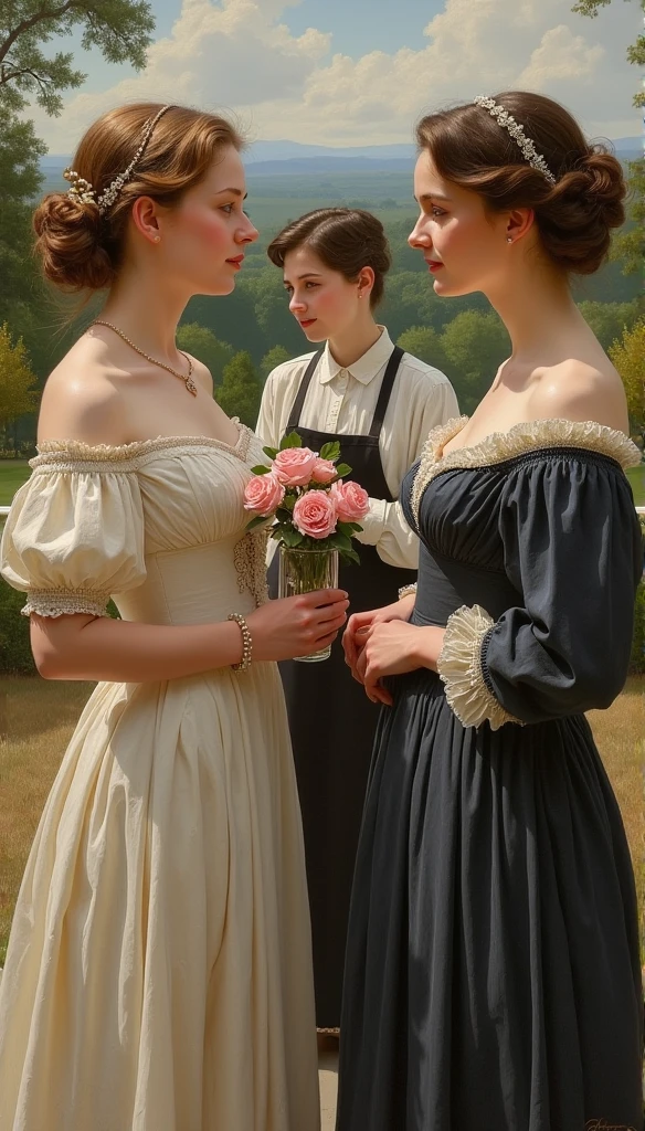 A realistic oil painting of a noblewoman and her friend conversing, while a servant stands behind them holding a glass bottle filled with roses. The intricate details of the women's elegant dresses and the servant's attire are reminiscent of John Singer Sargent's portraits. The use of diffuse lighting adds to the realism and depth of the painting. In the background, we see a beautiful landscape inspired by Thomas Moran's landscapes. This painting captures a moment in time with lifelike precision, making it an impressive piece for any art collection.