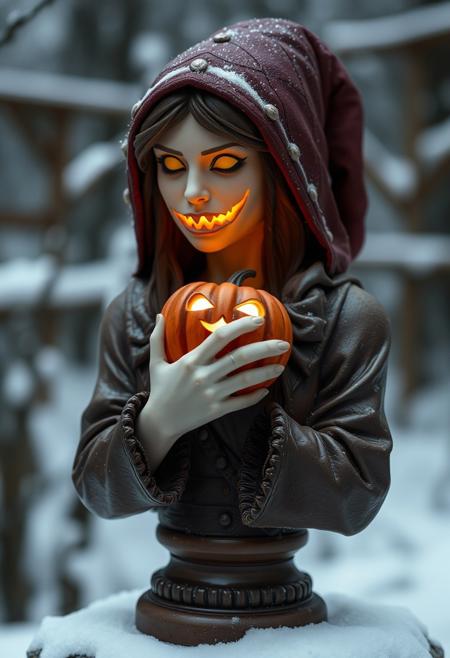 Against a blurred background of snow, a bust of Selena in a brown hobbit costume, holding a jack-o '-lantern in her hands, close to her face, emitting an evil glow from inside,