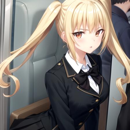 ((masterpiece)),(best quality),official art,extremely detailed CG,unity 8k wallpaper,ultra detailed,train interior,1girl,solo,upper body,looking at viewer,long hair,blonde hair,twintails,bangs,sidelocks,orange eyes,school uniform,buttons,black jacket,long sleeves,black bowtie,black bow,white shirt,collared shirt,dress shirt,large breasts,pleated skirt,black skirt,miniskirt,zettai ryouiki,thighhighs,loafers,<lora:Momozono Reika(cur)>,