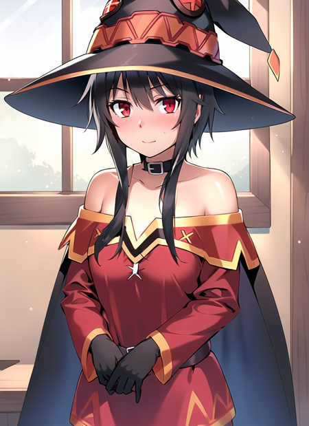 yukimi <lora:yukimi_offset:1>  , megumin, 1girl, bare shoulders, black cape, black gloves, black hair, blush, cape, choker, collarbone, dress, hair between eyes, hat, long sleeves, looking at viewer, medium hair, off-shoulder dress, off shoulder, red dress, red eyes, sidelocks, solo, witch hat, indoors, (masterpiece)