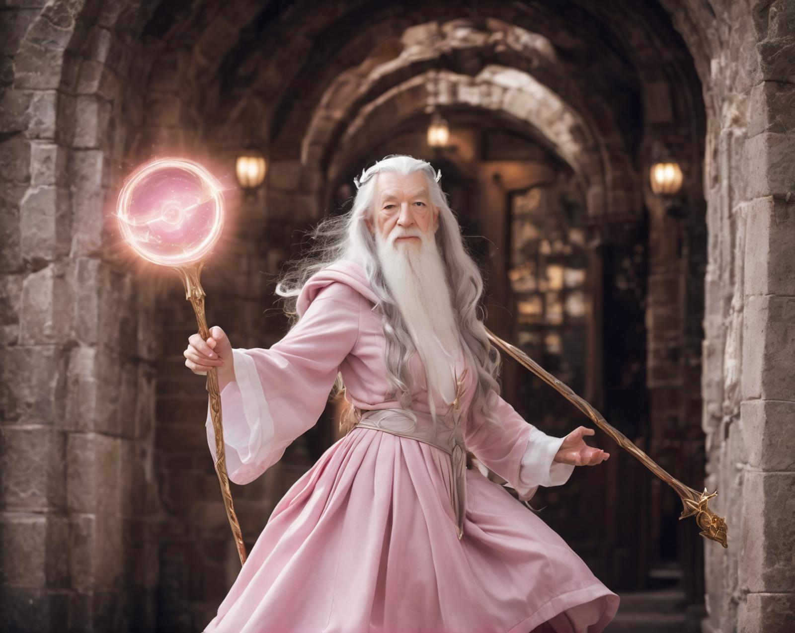 Wizard in a Pink Robe with a Pink Wand and a Pokeball Held Up High