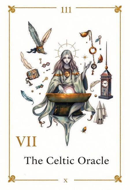 A modern tarot card with refined, clean edges and a lightly textured ivory background. At the center, an otherworldly artisan The Celtic Oracle sits at a floating anvil surrounded by drifting memory-objects: glowing feathers, keys, masks, and ticking clocks. They have a radiant third eye and wear soft, iridescent robes. Dream vapor curls from their fingers into the shape of forgotten cities. The Roman numeral “VIII” appears in the bottom left corner in subtle bronze ink. The title “The Celtic Oracle” is written in clean serif typeface in the bottom right corner. Minimal border with alchemical accents in muted metallics. Ethereal, mystical, clean tarot design, soft brushwork, high detail, painterly fantasy style.