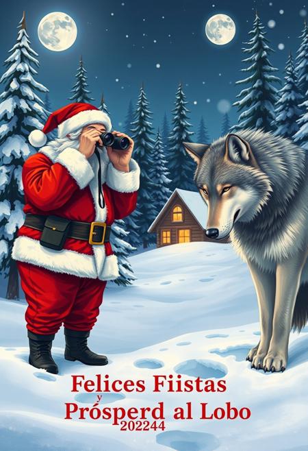 A photorealistic Realistic image. In the center, Santa Claus, dressed in his traditional red suit with white trim, is standing looking through binoculars and has a good telephoto camera hanging,around his neck.
. To his right, a large, furry, gray and white wolf leans forward and also looks at his paw prints. The background is a snowy forest scene with tall snow-covered evergreen trees and a cozy wooden cabin with a lighted window visible through the trees. The sky is a deep blue with a full moon and stars, and snowflakes are falling gently.. The text at the bottom says "Felices Fiestas y Próspero 2024 al Lobo ." The illustration is detailed and vibrant, capturing the festive spirit of the Christmas season.