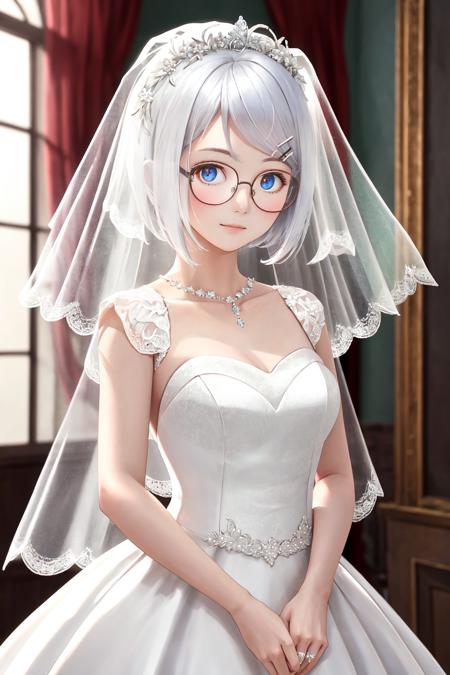 masterpiece, best quality, highres, 1girl glasses hairclip <lora:kyouko_okitegami_no_outfit:1> wedding dress, white dress