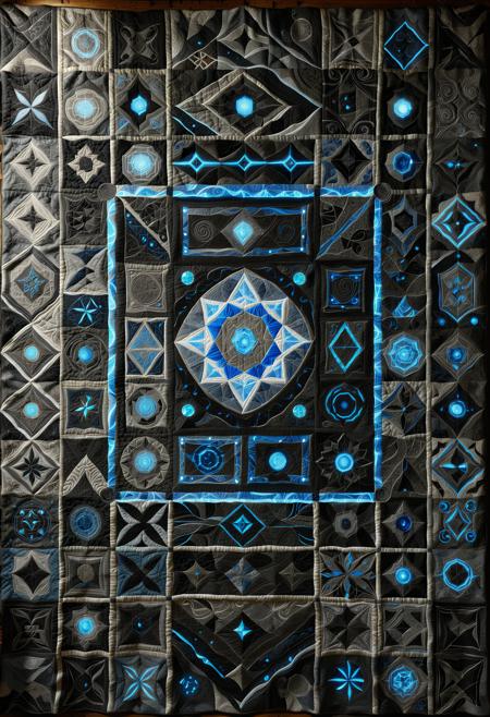 best quality, masterpiece, colorful, highly detailed, (dappled lighting:1.3), (ray-traced lighting), (path traced lighting), <lora:ptchkrawk:1.3>, melancholic, dark colors, amazing depth, surreal, geometric patterns, intricately detailed, perfect balanced, deep fine borders, artistic photorealism, high contrast, ptchkrawk, (an unfinished (tapestry:1.4) made of many highly detailed panels of patchwork (quilt:1.4)), a single gigantic black cube forged of dark stone and grey metal that is ancient and imposing sitting in the middle of a very dark cave, the cube filled with shifting interlocking mechanisms, each surface of the cube is etched with chilling blue glowing glyphs from a hundred lost civilizations, surrounded by dark ancient walls carved with glowing prophecies of doom,