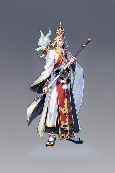 Game Characters, East Asian Original Art Character Design, Buddhist Monk, Staff Stick, Solo, 1boy, Male Focus, Hold, Full Body, Standing, Long Hair, Gray Background, Blonde Hair, Crown, Robe, Wide Sleeves, Gradient Background, Hat, Gradient, Long Sleeves, Simple Background, White Hair, Sandals, Cassock  <lora:CG Game charactersV2:1>