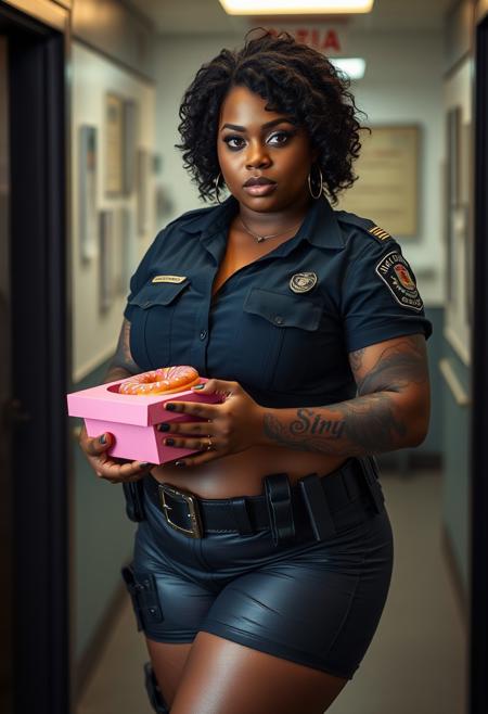 Highest quality, (cinematic lighting:1.1), action movie film still, (a thick black lesbian woman police officer with short curly hair), perfect face, detailed facial features, alluring eyes, (wearing naughty police uniform with short skirt and harness), seductively posing inside a police department, chubby body, tummy, large breasts, big ass, [wide hips], (highly detailed skin), punk tattoos, ambient light, photographed on a Nikon Z9, RF 35mm lens, F2.8, HDR, 8k, highly detailed, Cinestill 800T, dynamic angle, (full body:0.9), holding a pink box of donuts with a sheepish look on her face.